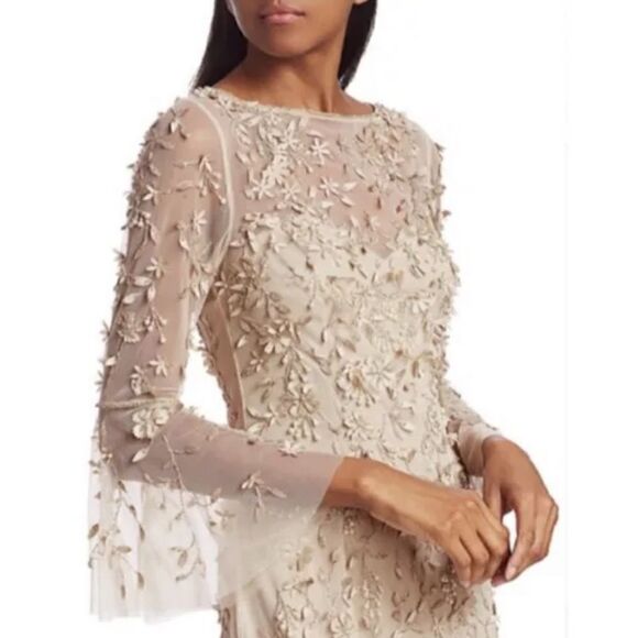 THEIA Hand-Beaded & Petal Applique 3/4 Bell-Sleeve Dress Women’s SIZE 4 - Picture 2 of 14